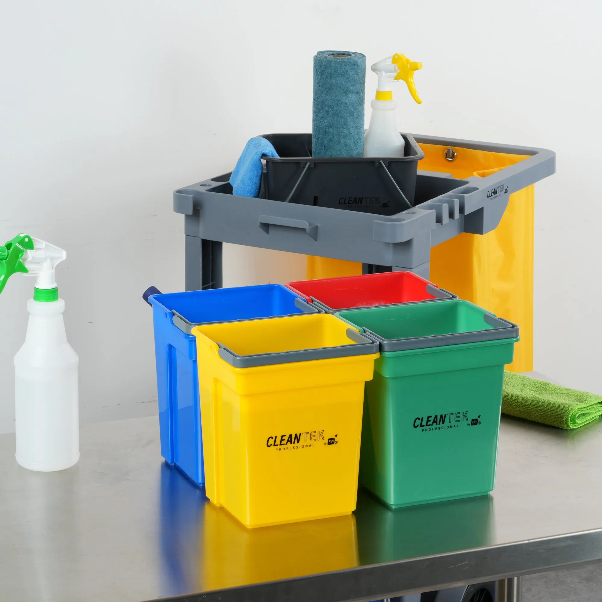 1 RW Clean 4 Qt Green Cleaning Bucket, 1 Blue Cleaning Bucket, 1 Red Cleaning Bucket and 1 Yellow Cleaning Bucket