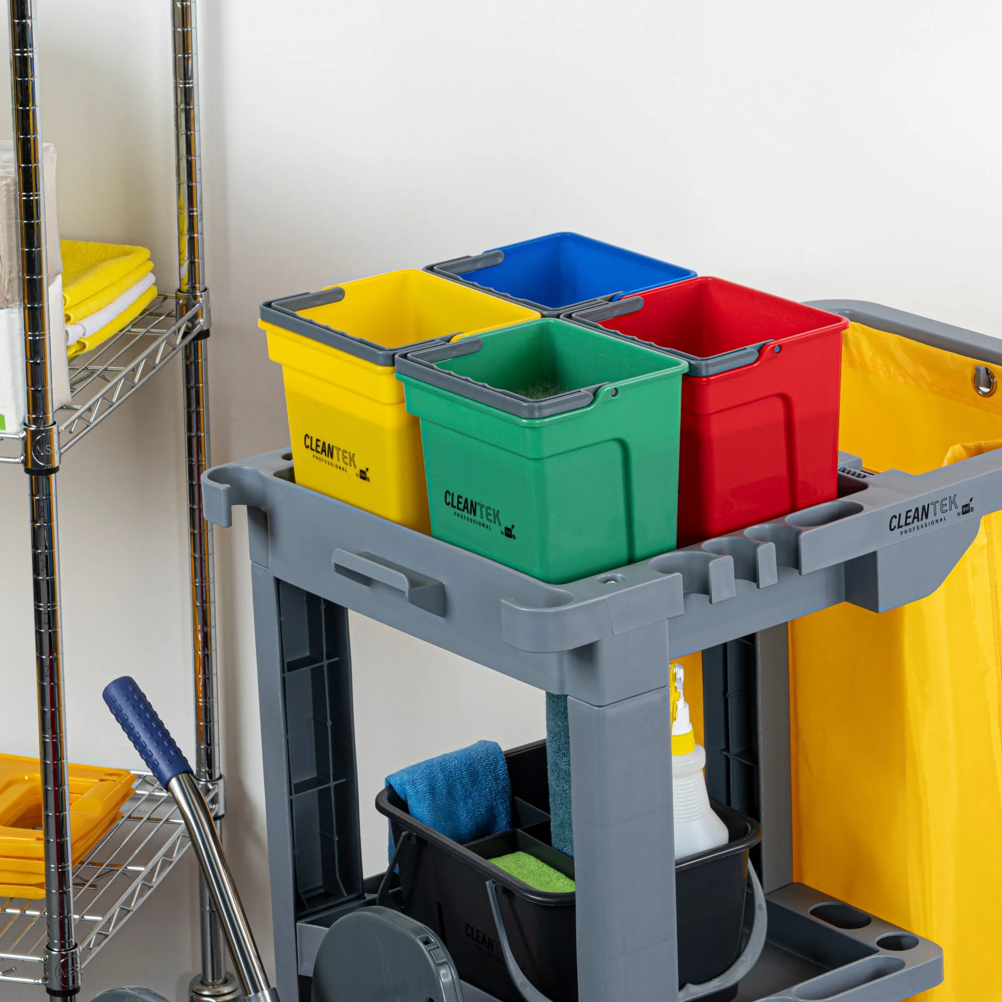 1 RW Clean 4 Qt Green Cleaning Bucket, 1 Blue Cleaning Bucket, 1 Red Cleaning Bucket and 1 Yellow Cleaning Bucket