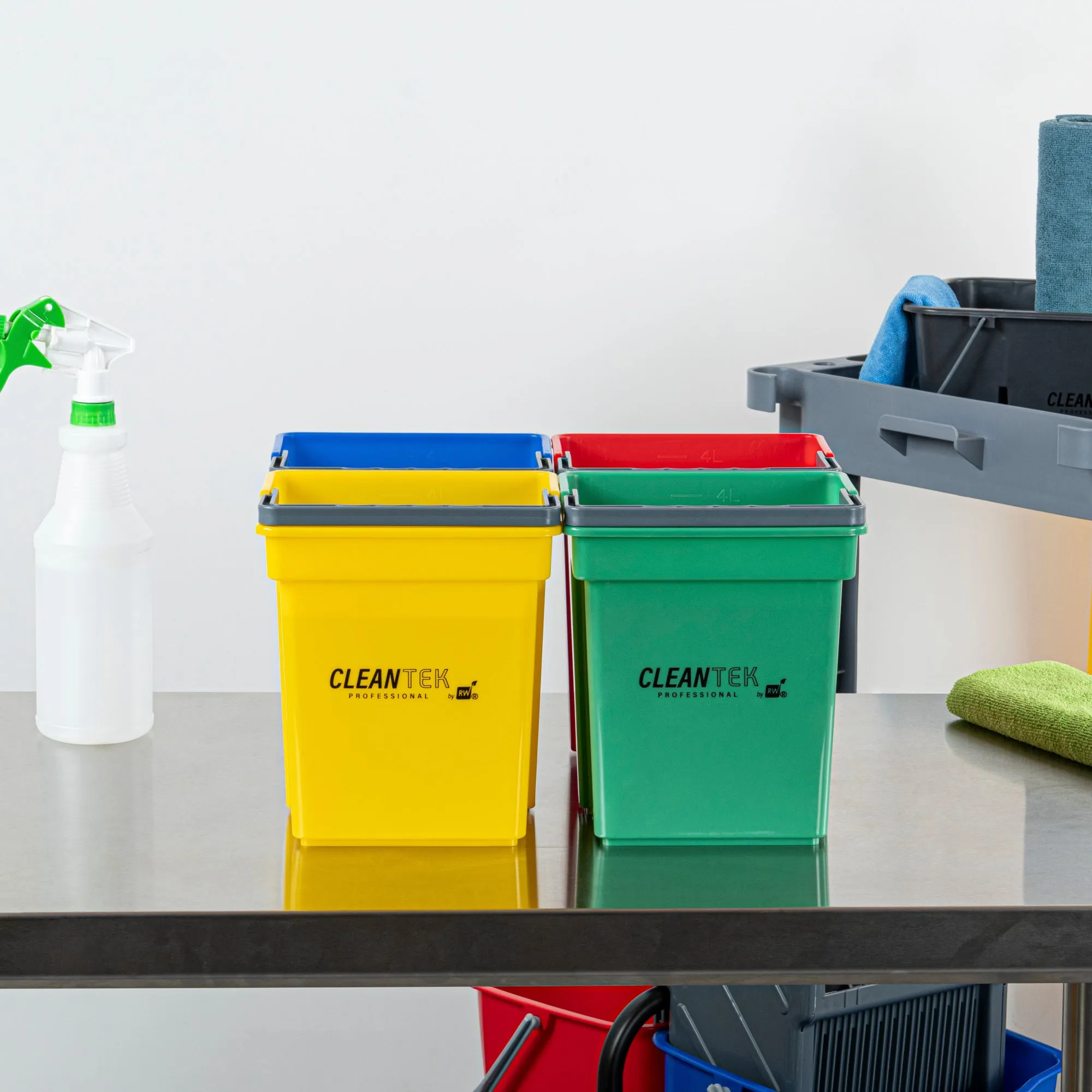 1 RW Clean 4 Qt Green Cleaning Bucket, 1 Blue Cleaning Bucket, 1 Red Cleaning Bucket and 1 Yellow Cleaning Bucket