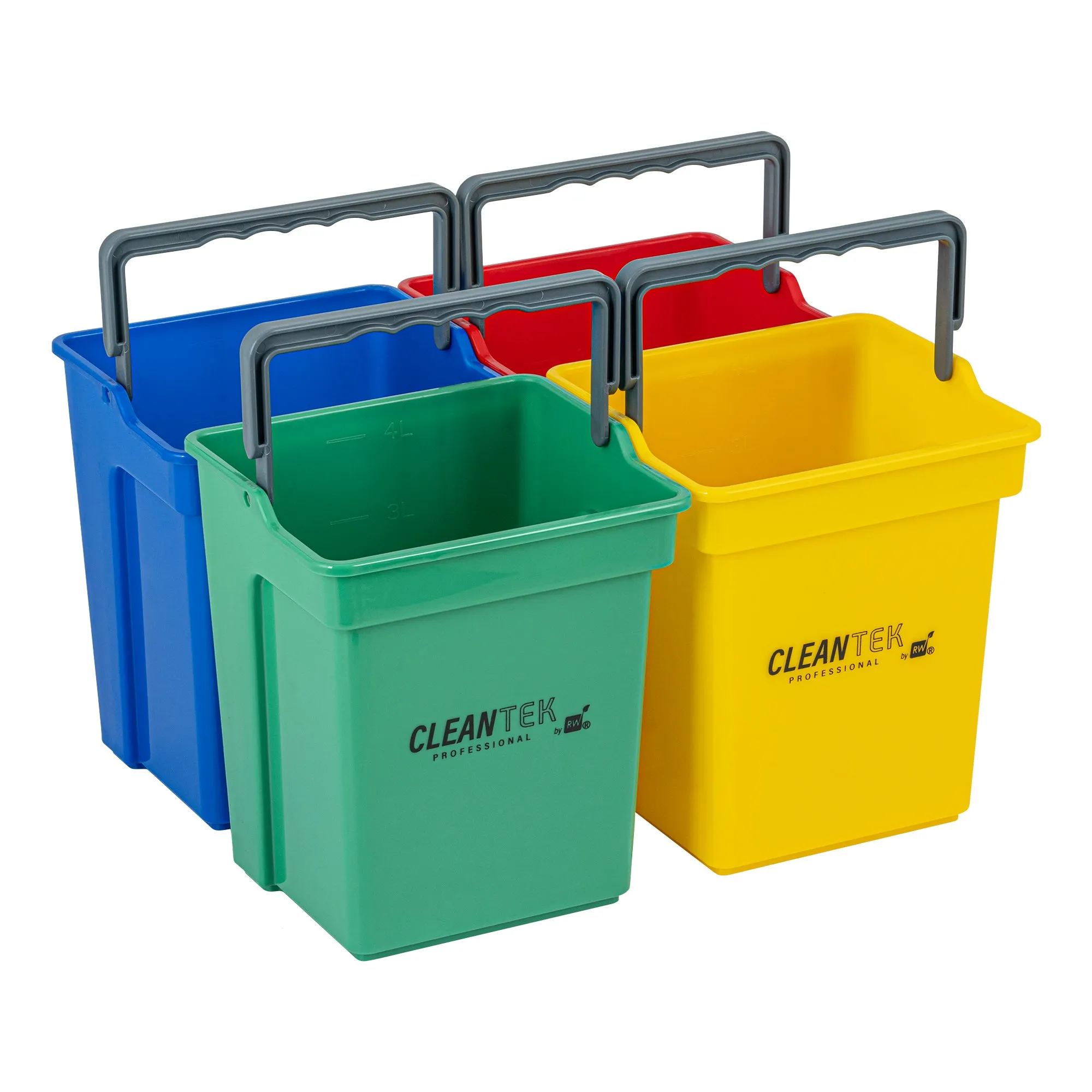 1 RW Clean 4 Qt Green Cleaning Bucket, 1 Blue Cleaning Bucket, 1 Red Cleaning Bucket and 1 Yellow Cleaning Bucket