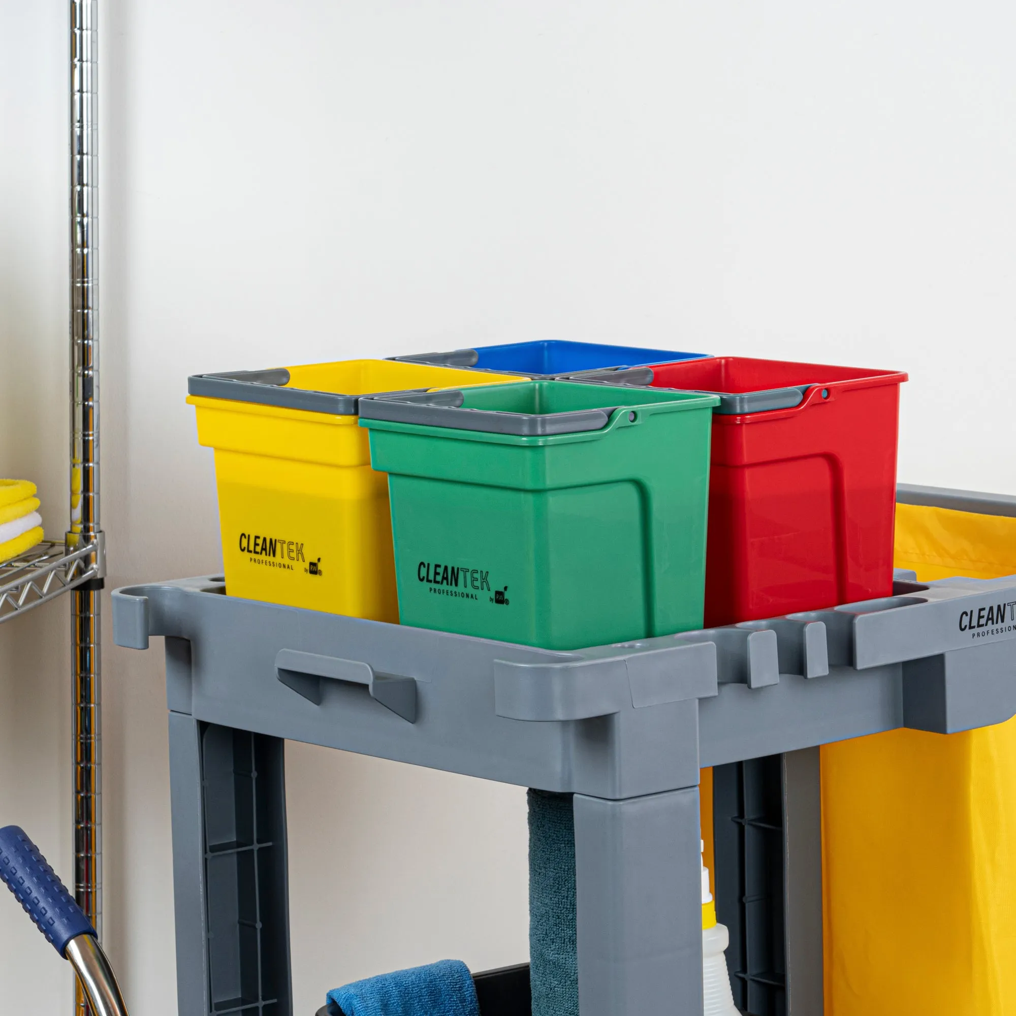 1 RW Clean 4 Qt Green Cleaning Bucket, 1 Blue Cleaning Bucket, 1 Red Cleaning Bucket and 1 Yellow Cleaning Bucket