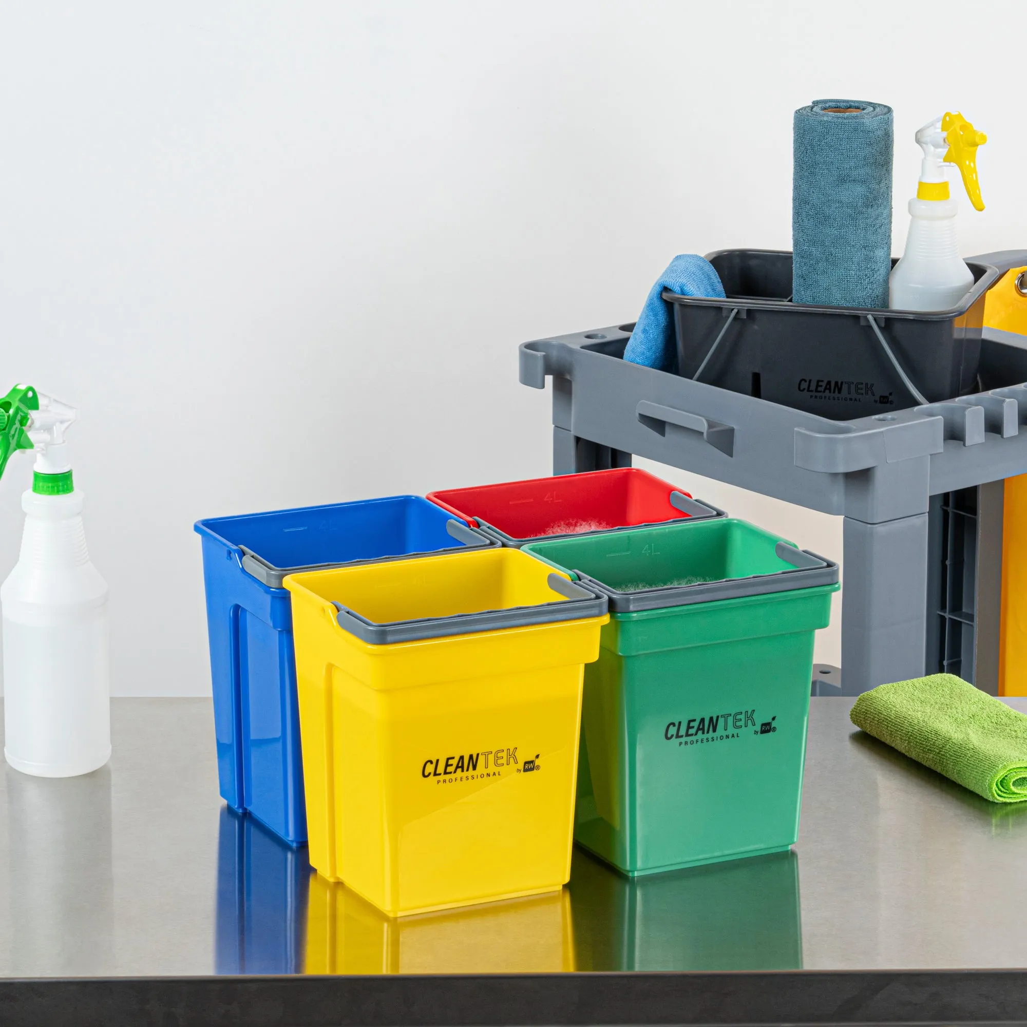 1 RW Clean 4 Qt Green Cleaning Bucket, 1 Blue Cleaning Bucket, 1 Red Cleaning Bucket and 1 Yellow Cleaning Bucket