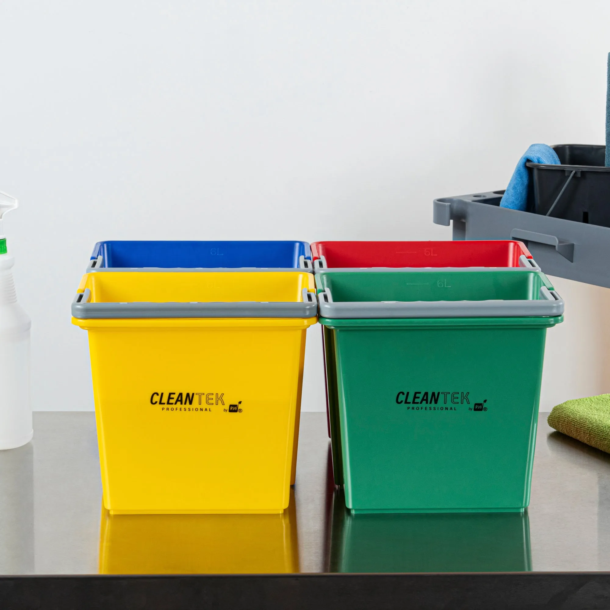 1 RW Clean 6 Qt Green Cleaning Bucket, 1 Blue Cleaning Bucket, 1 Red Cleaning Bucket and 1 Yellow Cleaning Bucket