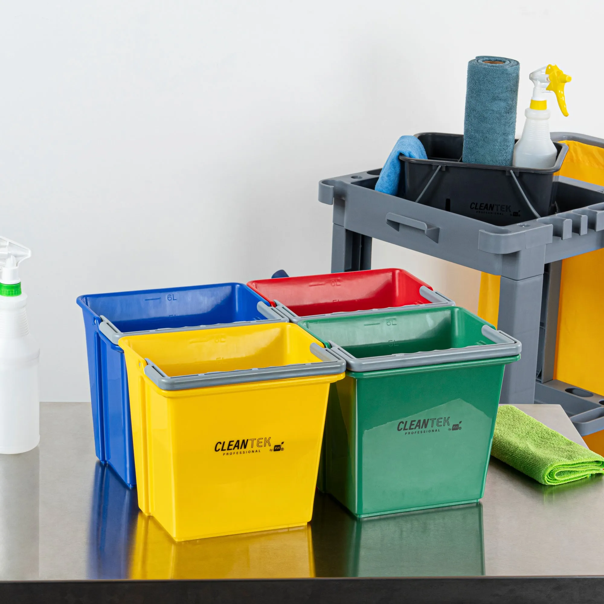 1 RW Clean 6 Qt Green Cleaning Bucket, 1 Blue Cleaning Bucket, 1 Red Cleaning Bucket and 1 Yellow Cleaning Bucket