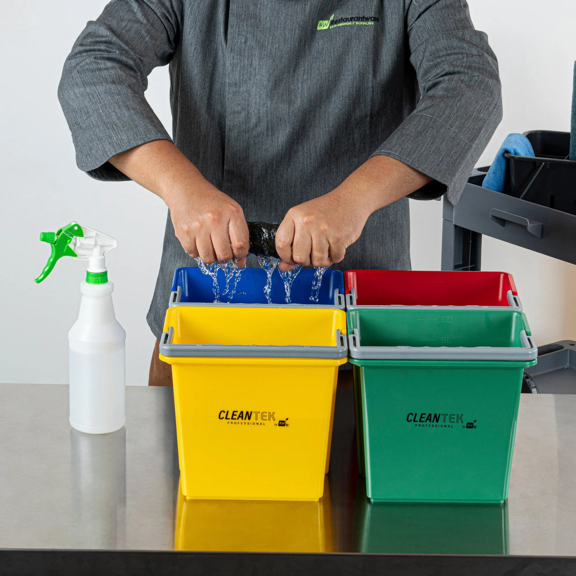 1 RW Clean 6 Qt Green Cleaning Bucket, 1 Blue Cleaning Bucket, 1 Red Cleaning Bucket and 1 Yellow Cleaning Bucket