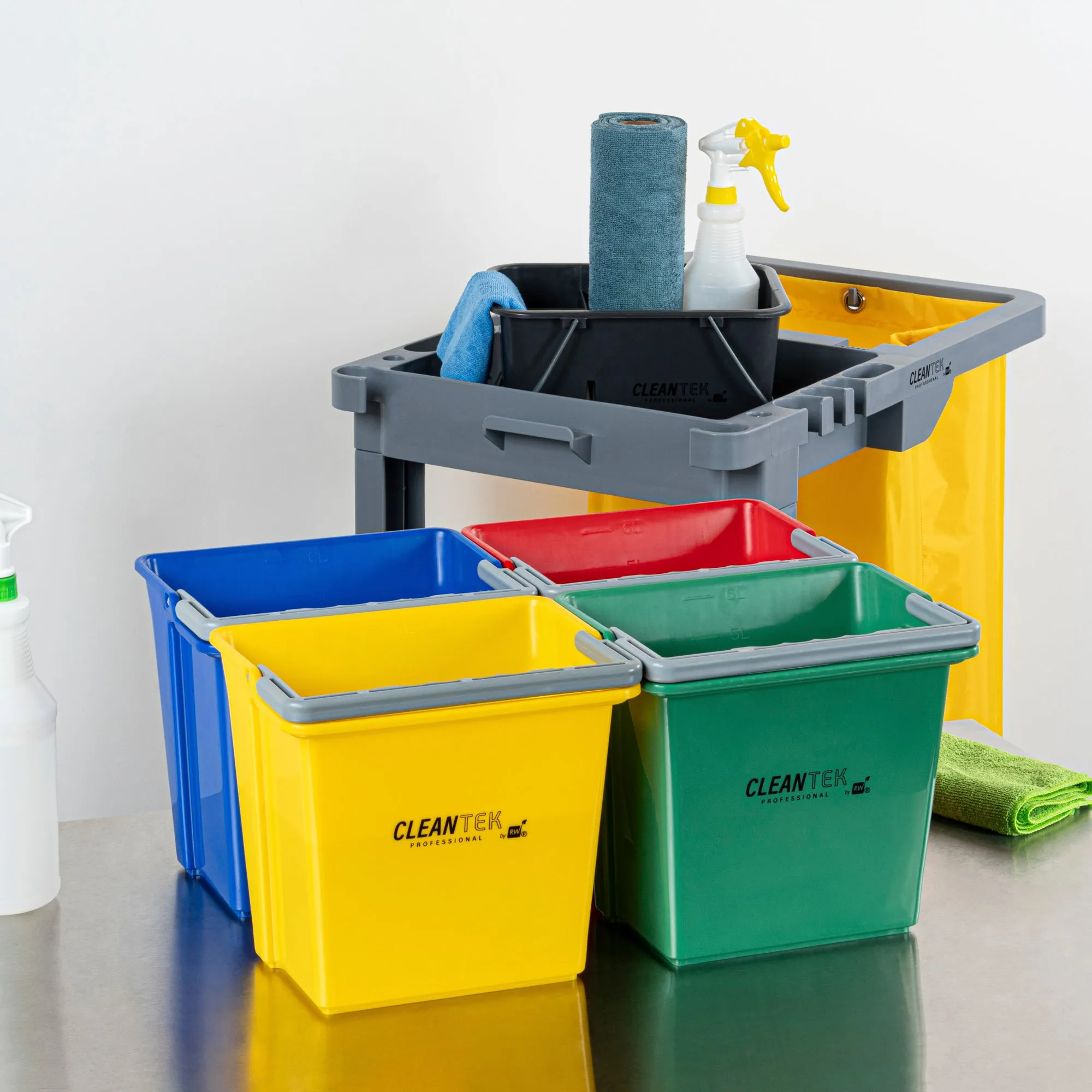 1 RW Clean 6 Qt Green Cleaning Bucket, 1 Blue Cleaning Bucket, 1 Red Cleaning Bucket and 1 Yellow Cleaning Bucket