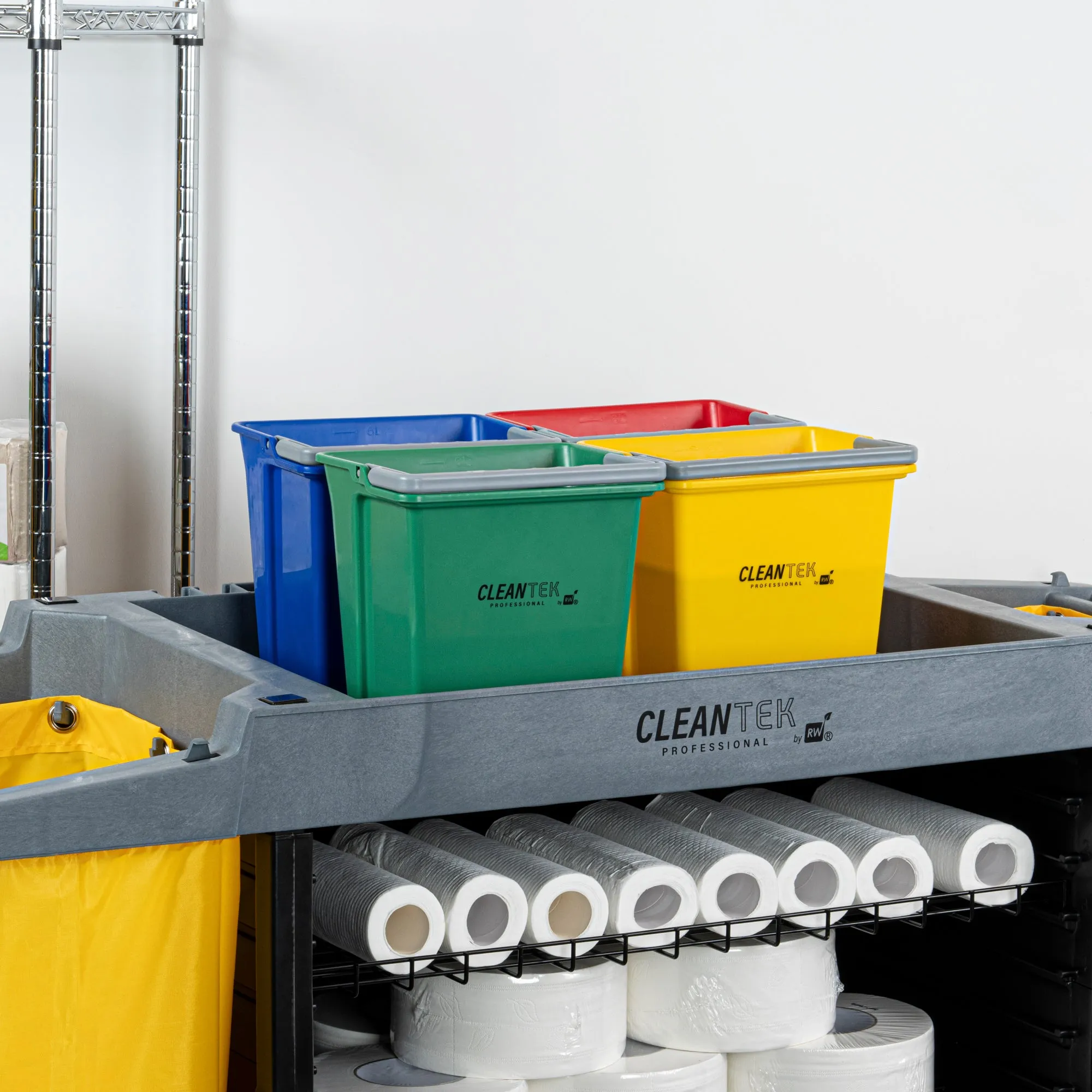 1 RW Clean 6 Qt Green Cleaning Bucket, 1 Blue Cleaning Bucket, 1 Red Cleaning Bucket and 1 Yellow Cleaning Bucket