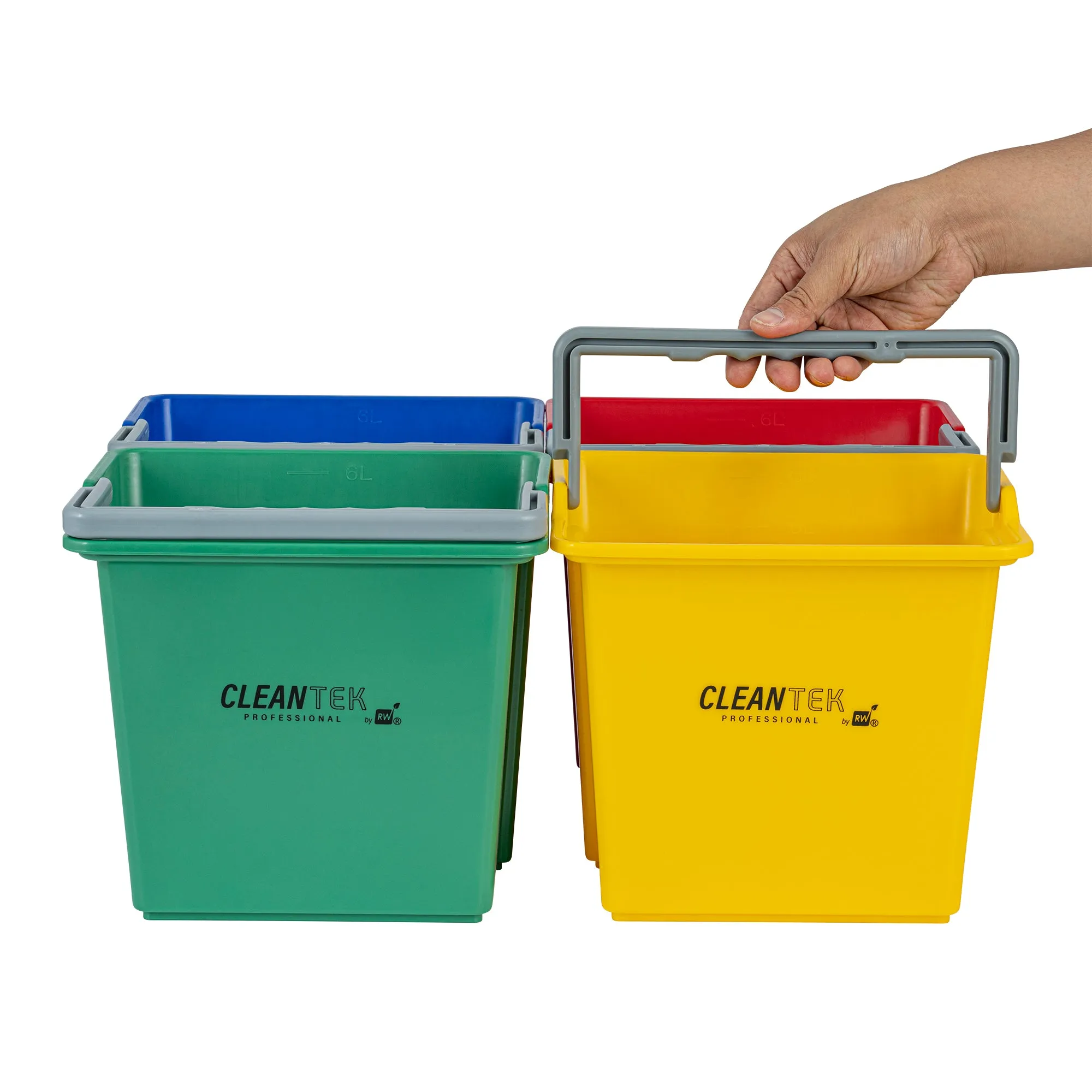 1 RW Clean 6 Qt Green Cleaning Bucket, 1 Blue Cleaning Bucket, 1 Red Cleaning Bucket and 1 Yellow Cleaning Bucket
