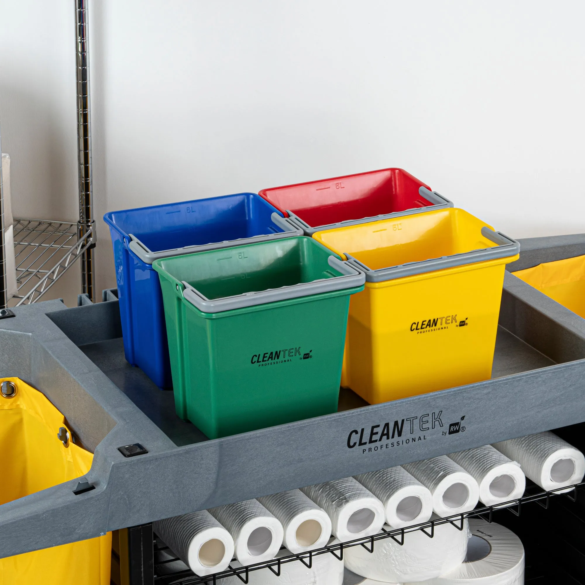 1 RW Clean 6 Qt Green Cleaning Bucket, 1 Blue Cleaning Bucket, 1 Red Cleaning Bucket and 1 Yellow Cleaning Bucket
