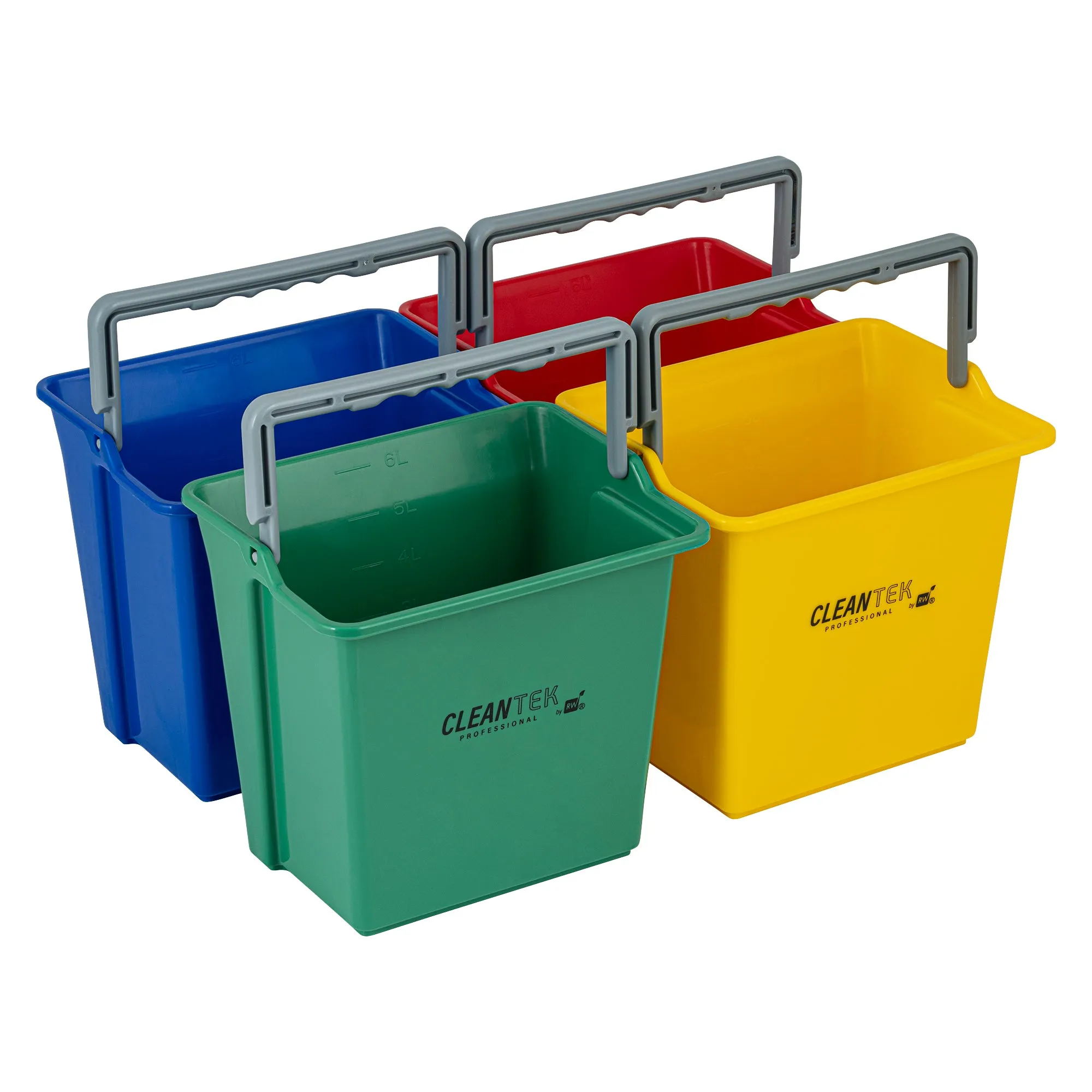 1 RW Clean 6 Qt Green Cleaning Bucket, 1 Blue Cleaning Bucket, 1 Red Cleaning Bucket and 1 Yellow Cleaning Bucket