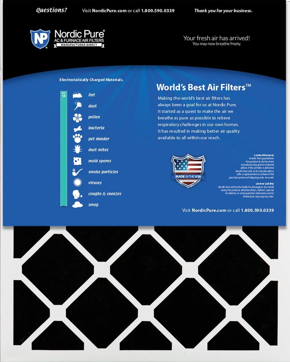 14x20x1 (13_1/2x19_1/2) Pleated Air Filters MERV 14 Plus Carbon 6 Pack
