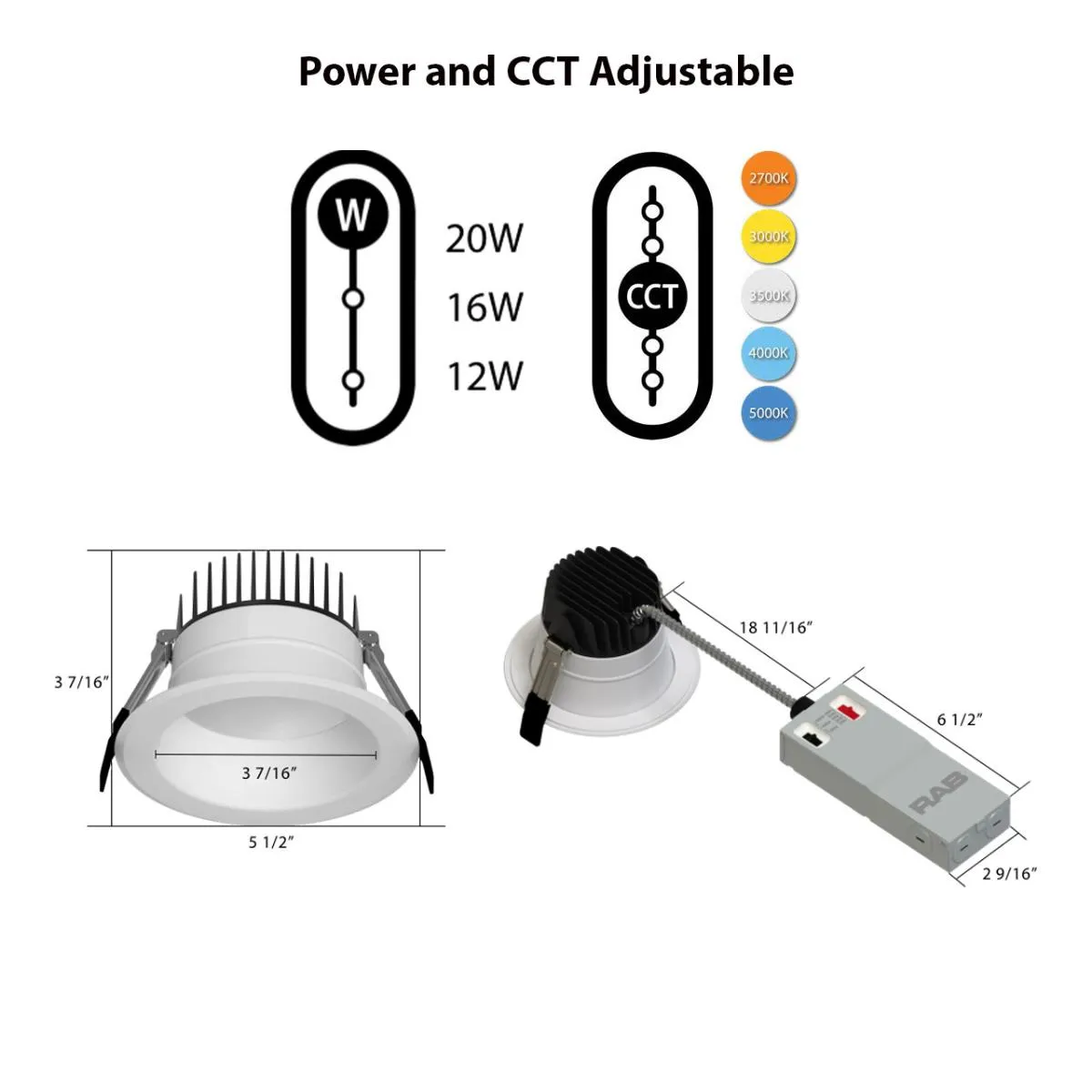 4" Commercial Downlight, 2000 Lumens, 12|16|20W, 2700K to 5000K, ELV/0-10V, 120-277V