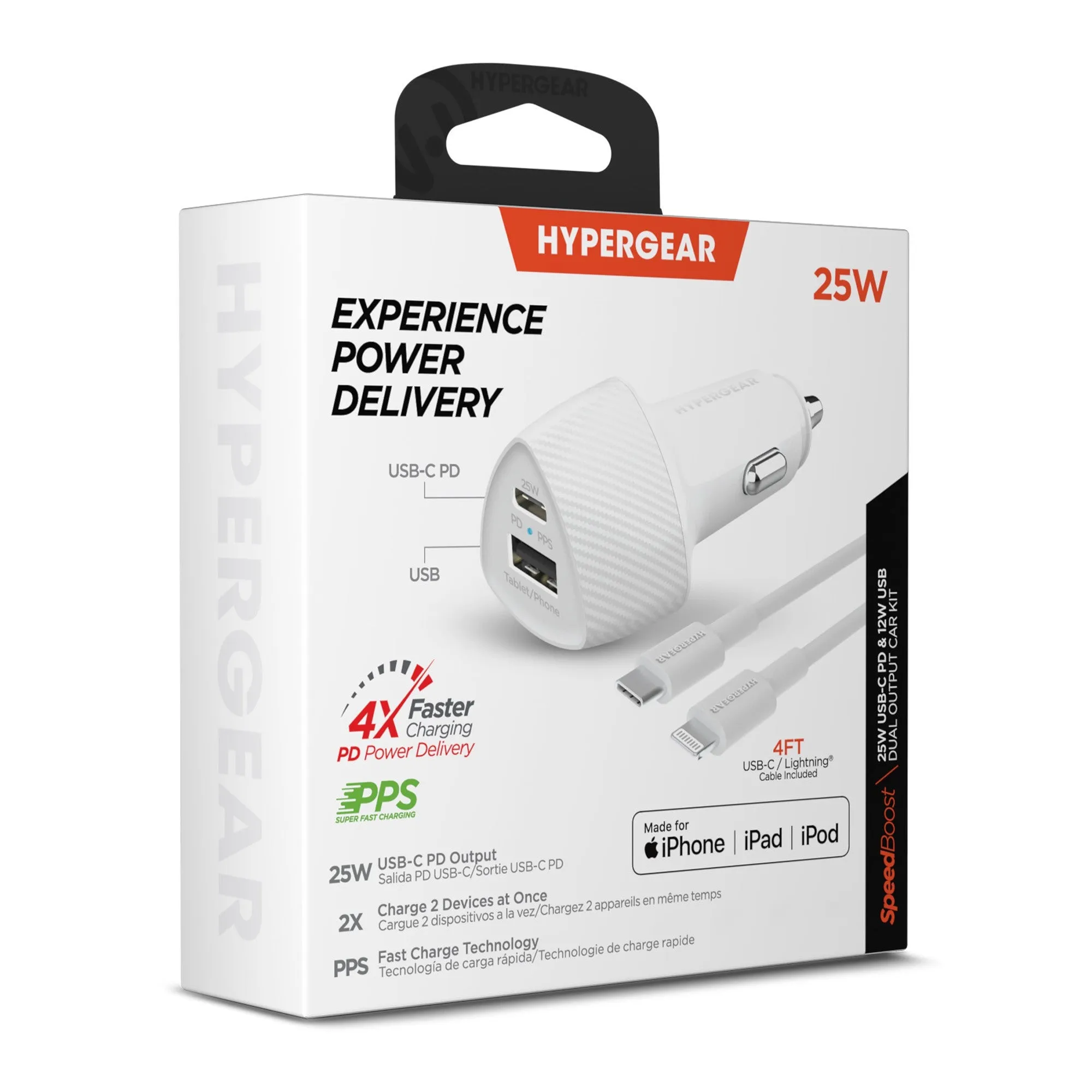 HyperGear SpeedBoost 25W USB-C PD   12W USB Fast CLA Car Charger w/ PPS 4ft Lightning Cable - White - 15-12778