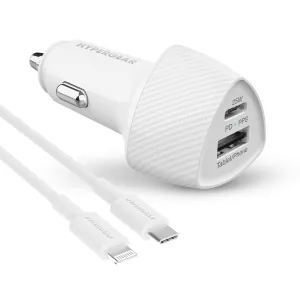 HyperGear SpeedBoost 25W USB-C PD   12W USB Fast CLA Car Charger w/ PPS 4ft Lightning Cable - White - 15-12778
