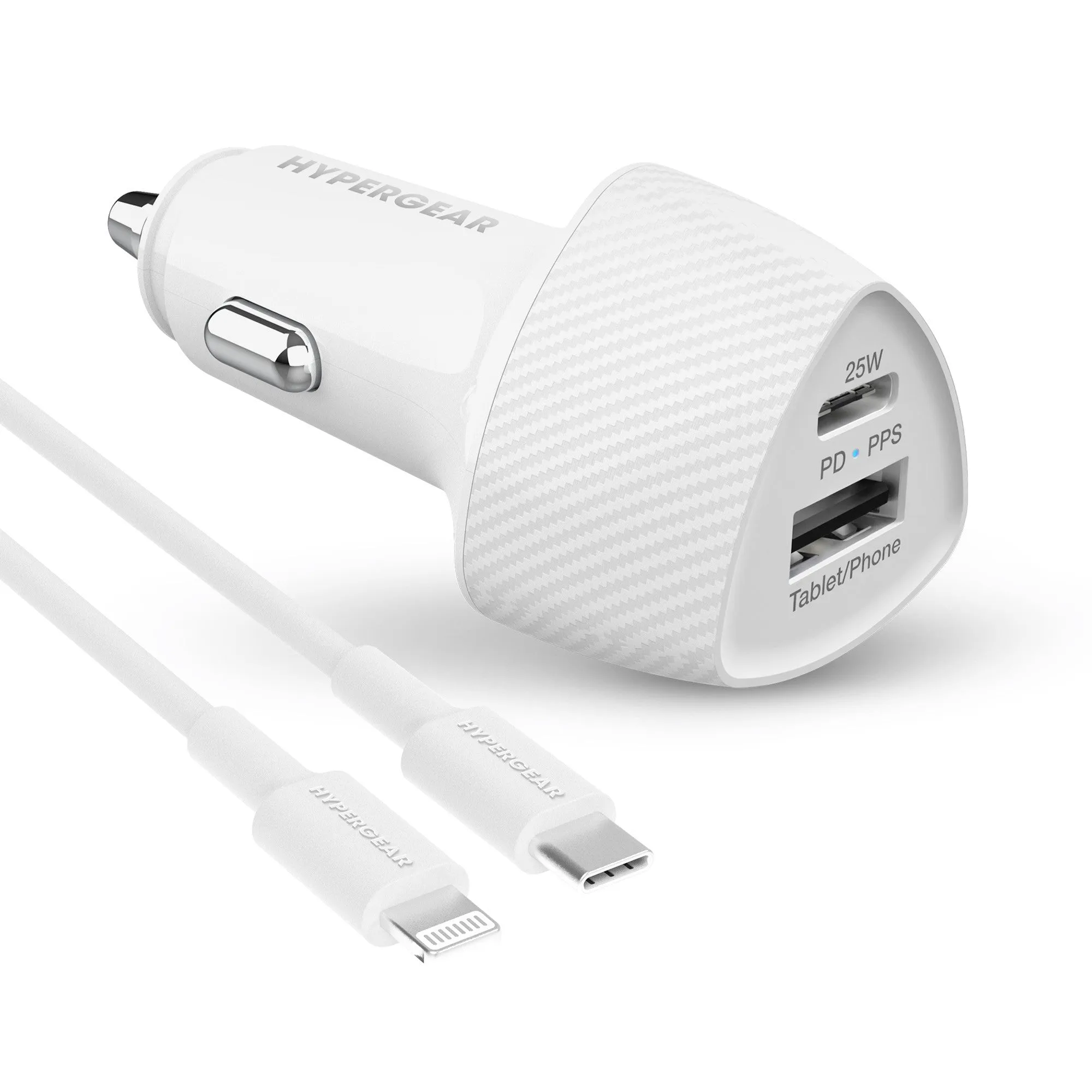 HyperGear SpeedBoost 25W USB-C PD   12W USB Fast CLA Car Charger w/ PPS 4ft Lightning Cable - White - 15-12778