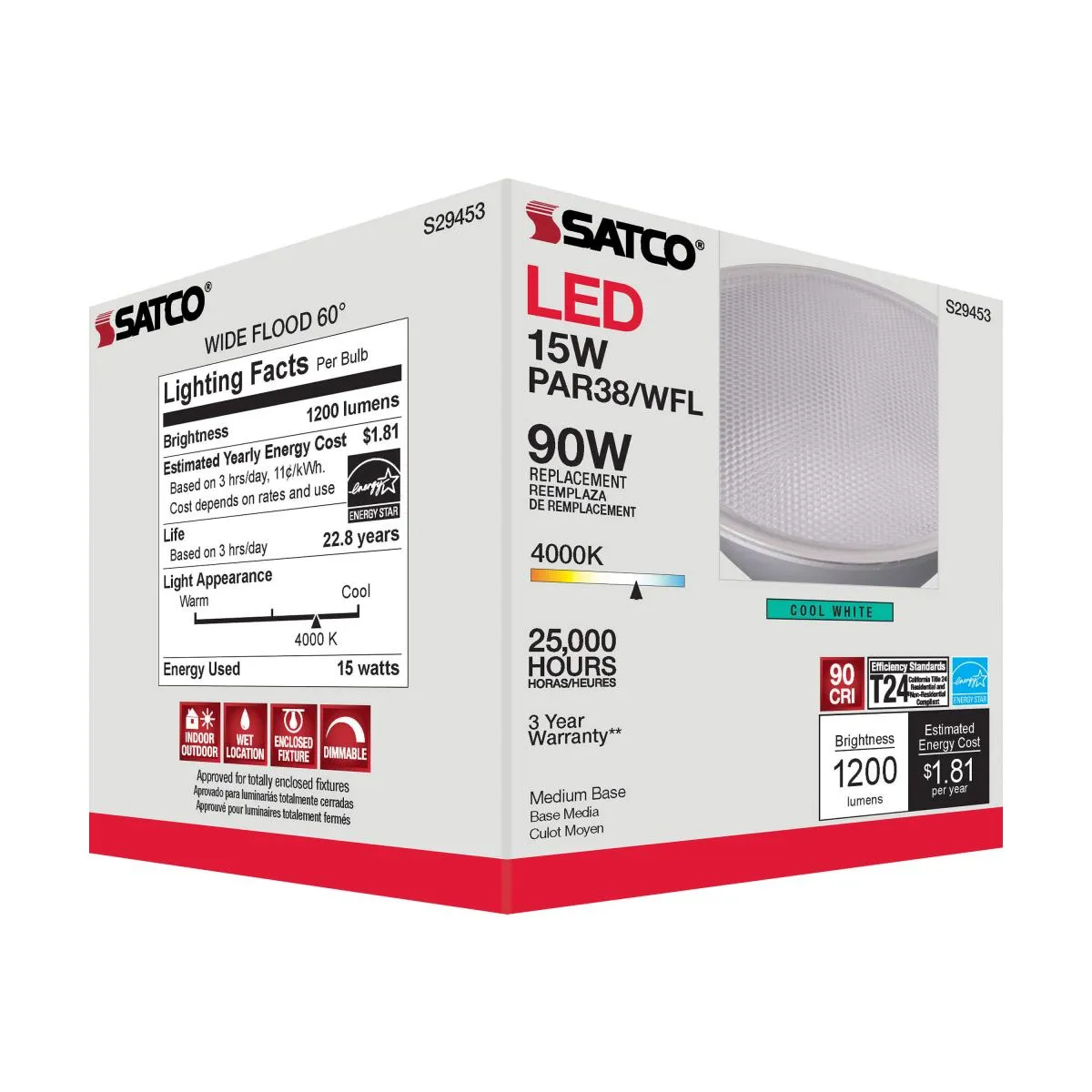 PAR38 LED Bulb, 15 watt, 1200 Lumens, 90W Equal, 4000K, E26 Base, 60° Wide Flood