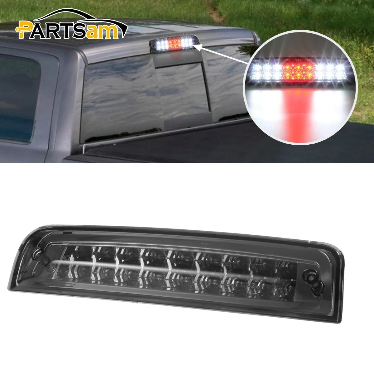 Partsam High Mount Stop Light Third 3RD Brake Light Replacement for Dodge Ram 1500 2500 3500 2009-2017 LED Rear Cab Roof Center Mount Tail Brake Light Cargo Lamp(Smoke Lens Chrome Housing)
