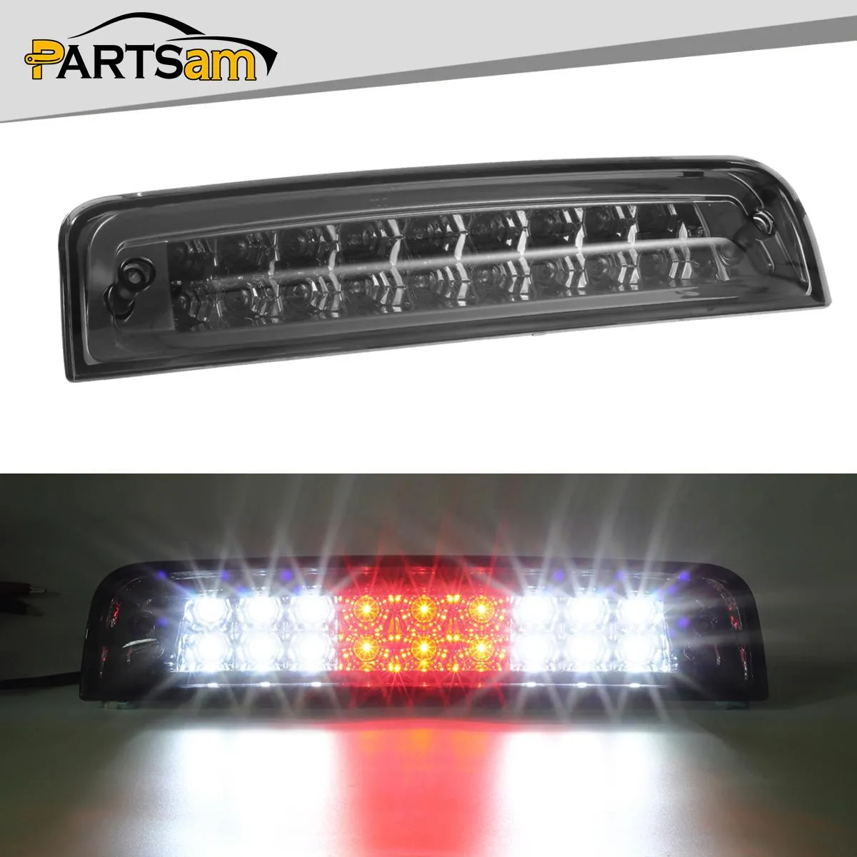 Partsam High Mount Stop Light Third 3RD Brake Light Replacement for Dodge Ram 1500 2500 3500 2009-2017 LED Rear Cab Roof Center Mount Tail Brake Light Cargo Lamp(Smoke Lens Chrome Housing)