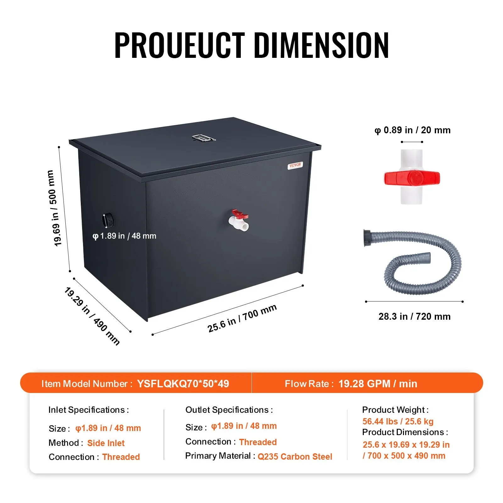 Vevor Grease Trap 50 Lbs Capacity 19.28 GPM Carbon Steel Commercial Wastewater Oil Interceptor New