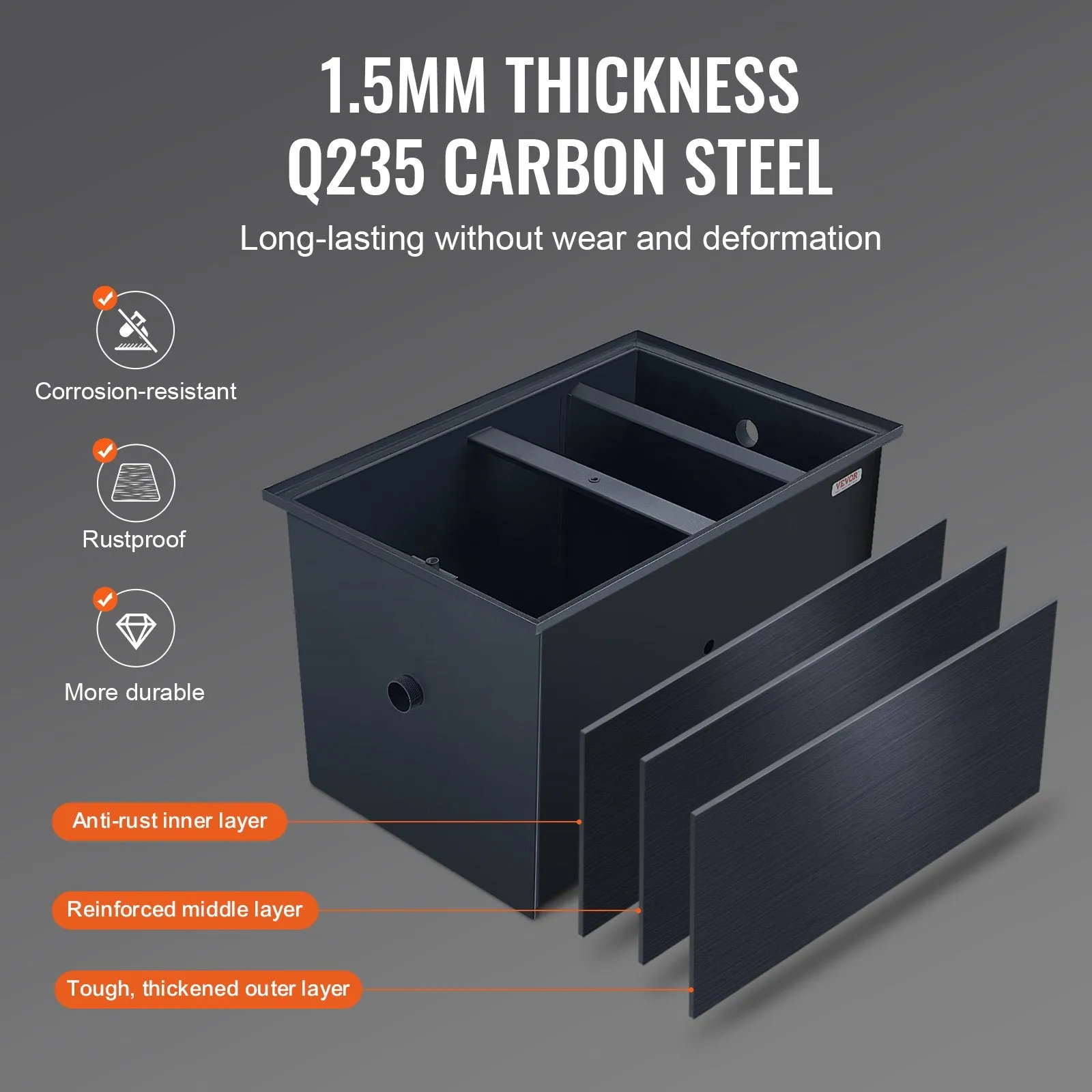 Vevor Grease Trap 50 Lbs Capacity 19.28 GPM Carbon Steel Commercial Wastewater Oil Interceptor New