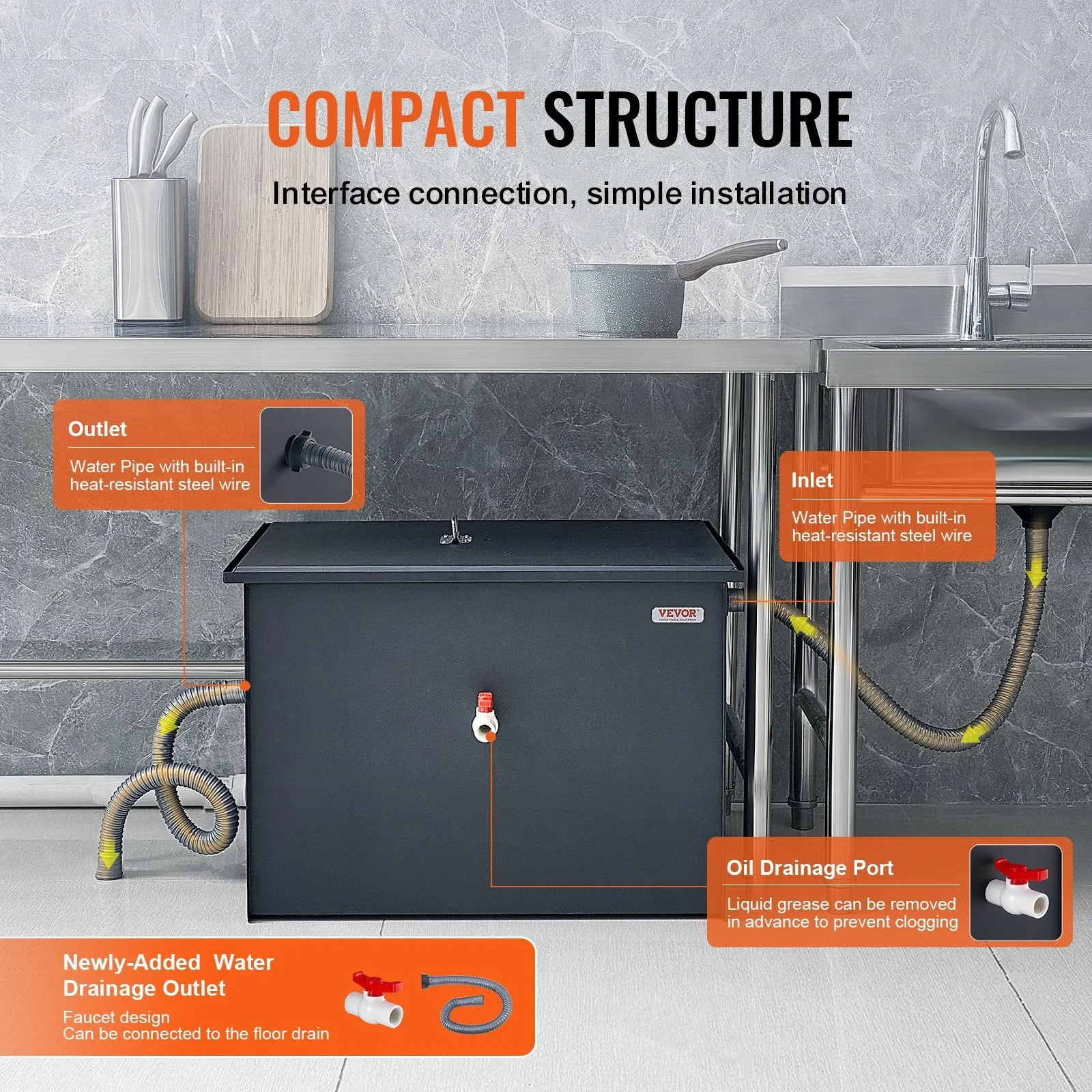 Vevor Grease Trap 50 Lbs Capacity 19.28 GPM Carbon Steel Commercial Wastewater Oil Interceptor New